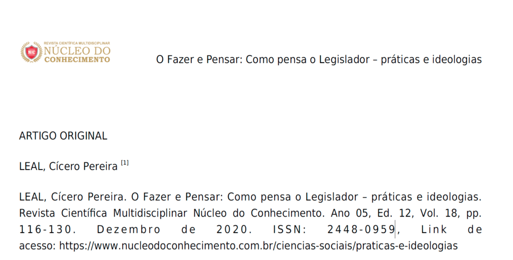 O Fazer e Pensar: Como pensa o Legislador – práticas e ideologias